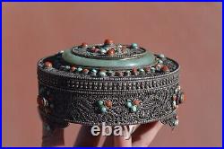 Chinese Tibetan Filigree Silver Jade Bracelet Bangle Coral Turquoise Bead Box