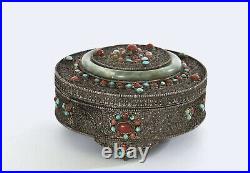 Chinese Tibetan Filigree Silver Jade Bracelet Bangle Coral Turquoise Bead Box