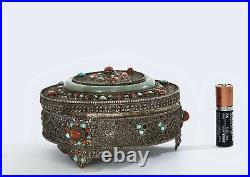 Chinese Tibetan Filigree Silver Jade Bracelet Bangle Coral Turquoise Bead Box