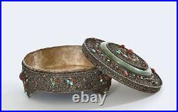 Chinese Tibetan Filigree Silver Jade Bracelet Bangle Coral Turquoise Bead Box