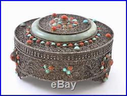 Chinese Tibetan Filigree Sterling Silver Jade Bracelet Coral Turquoise Bead Box