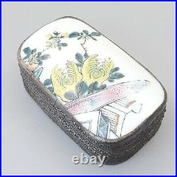 Chinese Trinket Box Porcelain Shard Inlay Silver Plate 4.5 Inch Tall Antique 19c
