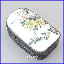 Chinese Trinket Box Porcelain Shard Inlay Silver Plate 4.5 Inch Tall Antique 19c
