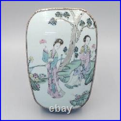 Chinese Trinket Box Porcelain Shard Inlay Silver Plate 8 Inch Tall Antique 19c