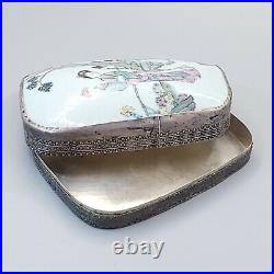 Chinese Trinket Box Porcelain Shard Inlay Silver Plate 8 Inch Tall Antique 19c