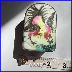 Chinese Vintage Silver Tone Trinket Box Graphic Porcelain Bird Antique Shards