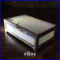 Chinese White Onyx box with silvered copper & enamel frame, c. 1910