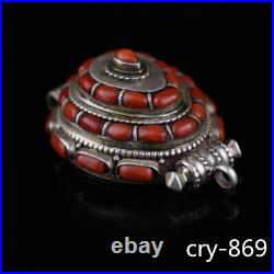 Chinese ancient Tibet silver red coral box