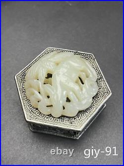 Chinese antique Collection Hotan jade Silver inlay Box