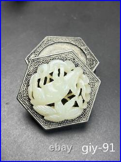 Chinese antique Collection Hotan jade Silver inlay Box