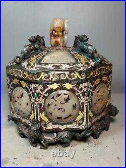 Chinese bronze Box Inlays Gold&silver Jade Dragon Disc bear Lid Container Pot