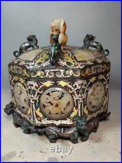 Chinese bronze Box Inlays Gold&silver Jade Dragon Disc bear Lid Container Pot