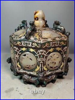 Chinese bronze Box Inlays Gold&silver Jade Dragon Disc bear Lid Container Pot