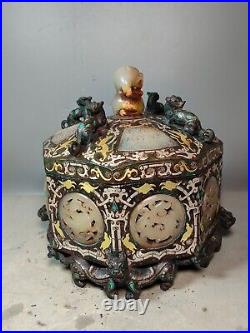 Chinese bronze Box Inlays Gold&silver Jade Dragon Disc bear Lid Container Pot