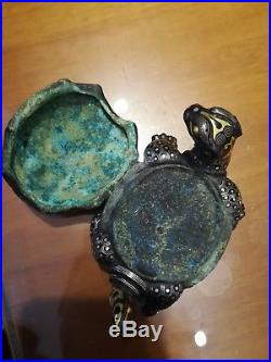 Chinese bronze Dragon turtle statues ink stones inlaid Gold&silver Turtle boxes