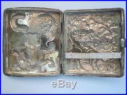 Chinese cigarette case export silver with Dragon and Flowers signed WC 90 102 gr