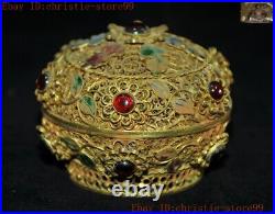 Chinese dynasty Pure Silver Filigree 24k gold Gilt inlay gem Jewelry Box boxes