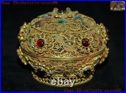 Chinese dynasty Pure Silver Filigree 24k gold Gilt inlay gem Jewelry Box boxes