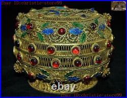 Chinese dynasty Pure Silver Filigree 24k gold Gilt inlay gem Jewelry Box boxes