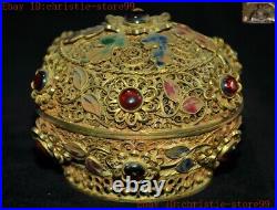 Chinese dynasty Pure Silver Filigree 24k gold Gilt inlay gem Jewelry Box boxes