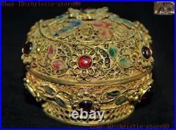 Chinese dynasty Pure Silver Filigree 24k gold Gilt inlay gem Jewelry Box boxes