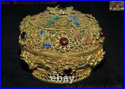 Chinese dynasty Pure Silver Filigree 24k gold Gilt inlay gem Jewelry Box boxes