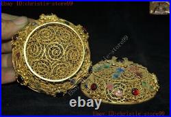 Chinese dynasty Pure Silver Filigree 24k gold Gilt inlay gem Jewelry Box boxes