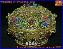 Chinese dynasty Pure Silver Filigree 24k gold Gilt inlay gem fan queen Box boxes