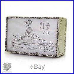 Chinese export silver mother of pearl hand painted portrait vintage pill box