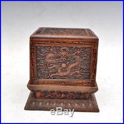 Chinese old rose huanghuali wood dragon ball carved seal box Statue 19th