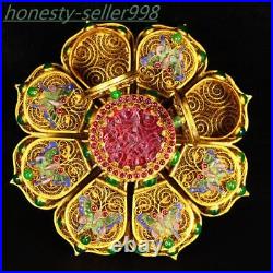 Chinese palace dynasty silver filigree Gilt Cloisonne gem butterfly Jewelry Box