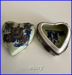 Chinese porcelain blue celadon silver heart shaped trinket box Guangxu mark
