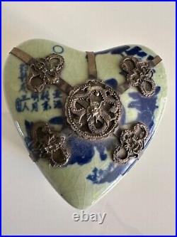 Chinese porcelain blue white silver heart shaped trinket box 19th mark
