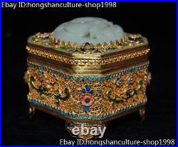 Chinese silver Filigree Inlay turquoise gem Hetian white jade bird Jewelry Box