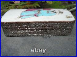 Chinese silver and porcelain lid trinket box nice colours ornate sides