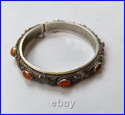Chinese silver bracelet with carnelian gilt and enamel