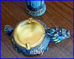 Chinese silver enamel jade / aventurine dragon ashtray cigarette holder & box