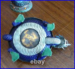 Chinese silver enamel jade / aventurine dragon ashtray cigarette holder & box