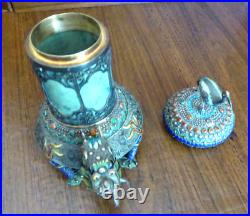 Chinese silver enamel jade / aventurine dragon ashtray cigarette holder & box