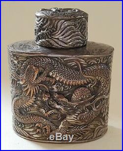 Chinese silver plate vintage Victorian oriental antique dragon tea caddy box