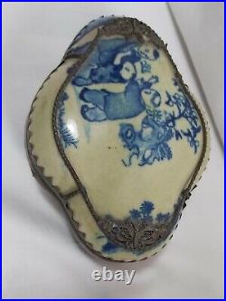 Chinese solid silver dragon decorated white &blue porcelain trinket box marked