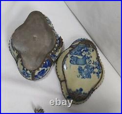 Chinese solid silver dragon decorated white &blue porcelain trinket box marked