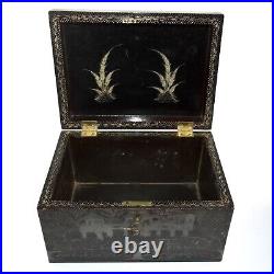 Chinese tea caddie black lacquered wood with silvered inlays, with removable box