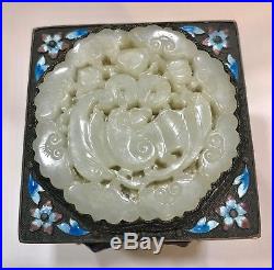 Circa 1900 Chinese Silver Enamel Carved Bat Jade Plaque And Precious Stone Box