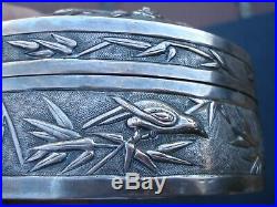 Classic Antique Marked Chinese Silver Heart Box Magpie & Prunus in Bloom Joy