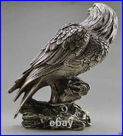 Collectible Decorated Old Handwork Tibet Silver Carve Eagle On Tree Box & Statue