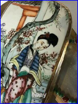 Colorful Antique Chinese Porcelain Shard in Silver Plated Box With Mother and Son