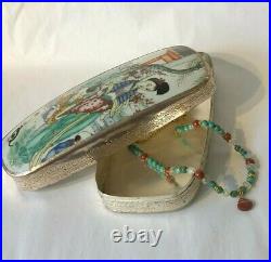 Colorful Antique Chinese Porcelain Shard in Silver Plated Box With Mother and Son