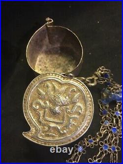 Delicate Chinese Qing Dynasty Filligree and Enamel Necklace with Dragon Box Pend