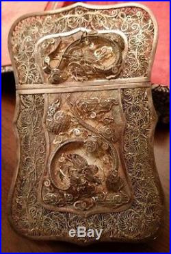 EXCEPTIONAL CHINESE ANTIQUE SILVER FILIGREE CIGARETTE/CALLING CARD CASE 1850s